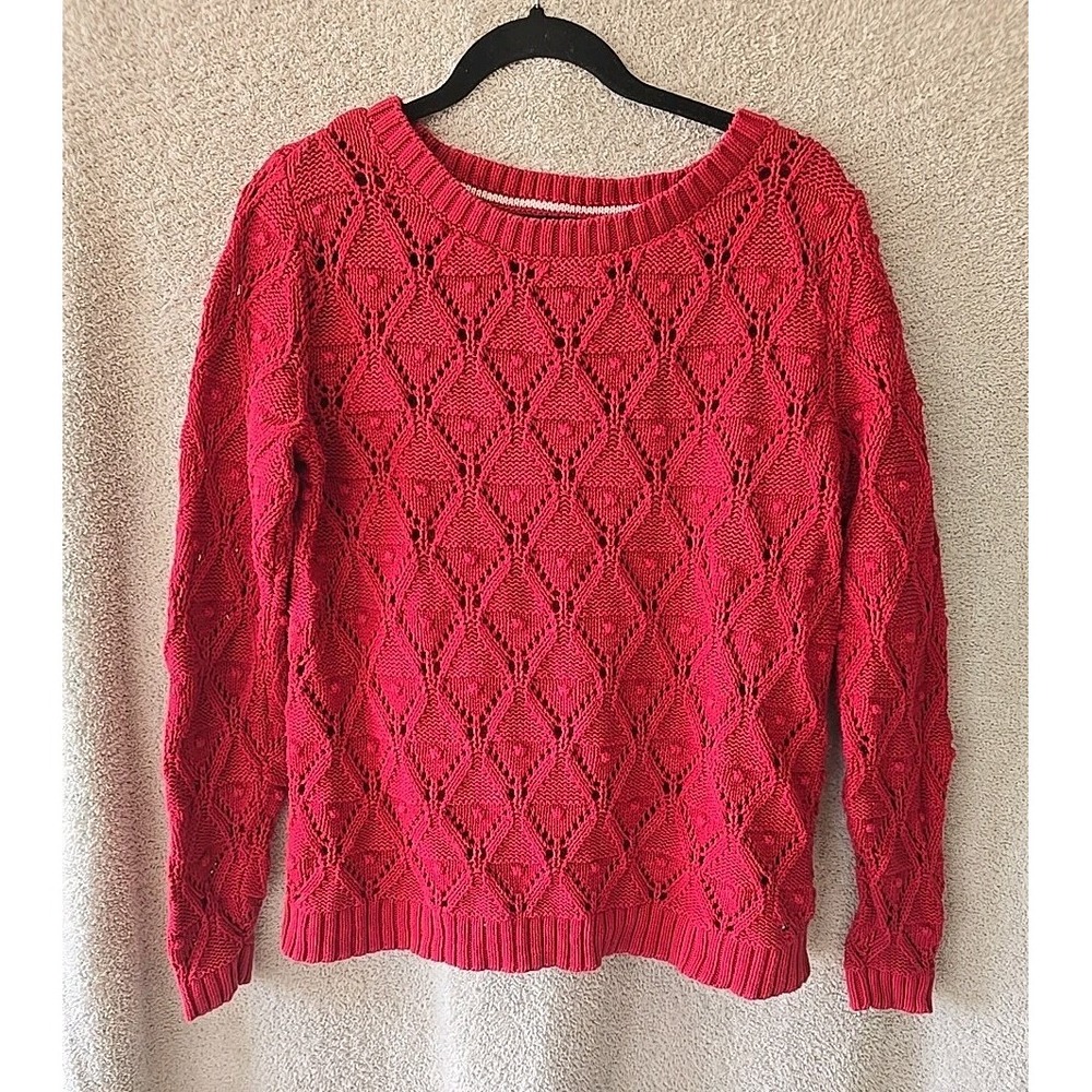 Tommy Hilfiger Red Textured‎ Open Knit Crochet Sweater Size L Fall Autumn